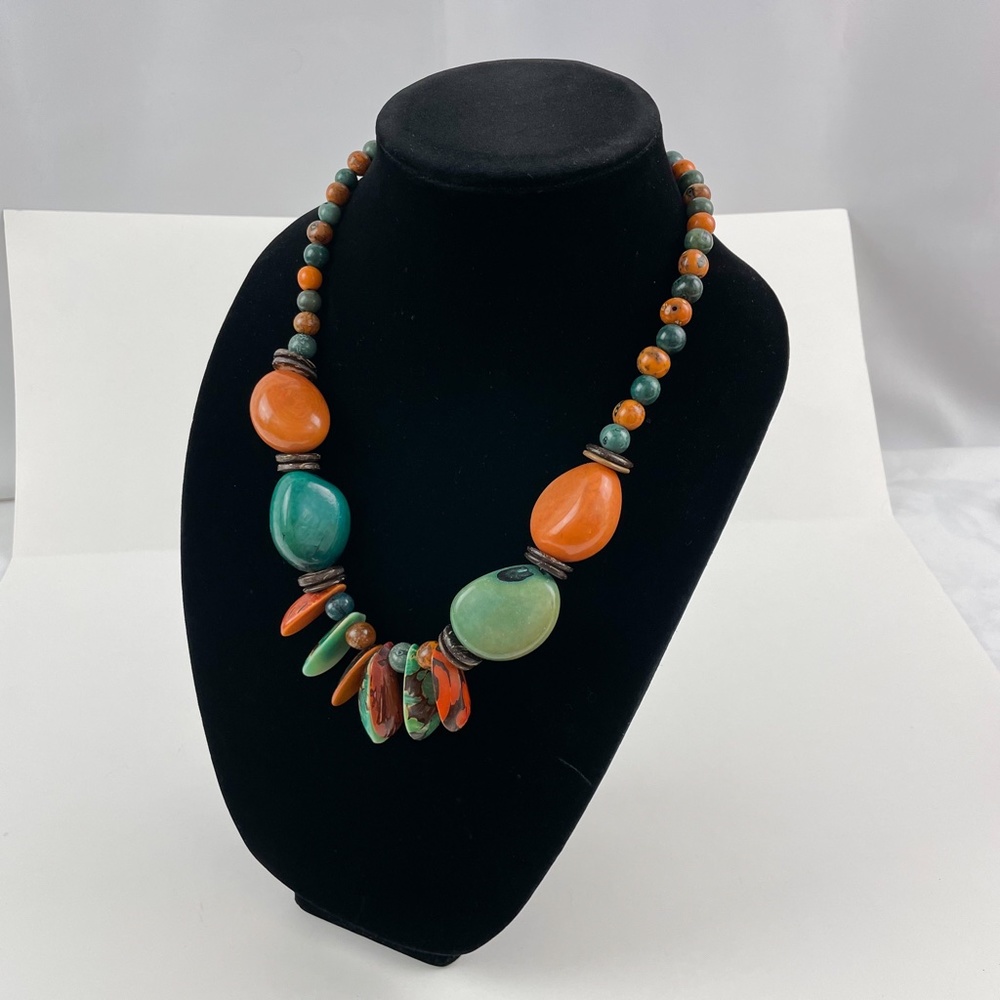 Turquoise & Orange Tagua Nut Necklace